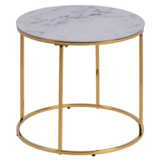 Bemid White Marble Effect Glass Side Table With Gold Frame_2