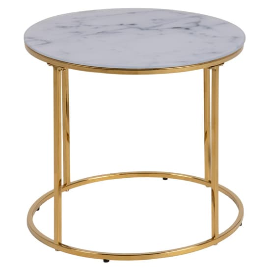Bemid White Marble Effect Glass Side Table With Gold Frame_3