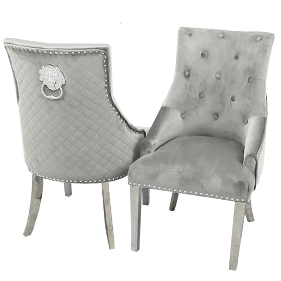 Benton Lion Knocker Light Grey Velvet Dining Chairs In Pair Furniture