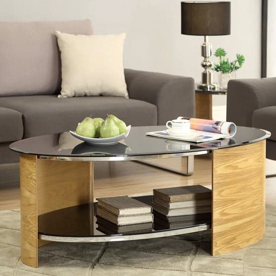 BentWood Coffee Table Oval Shape In Black Glass With Oak_1