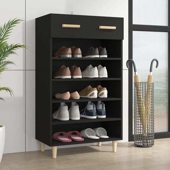 Beril Wooden Shoe Storage Cabinet With Drawer In Black
