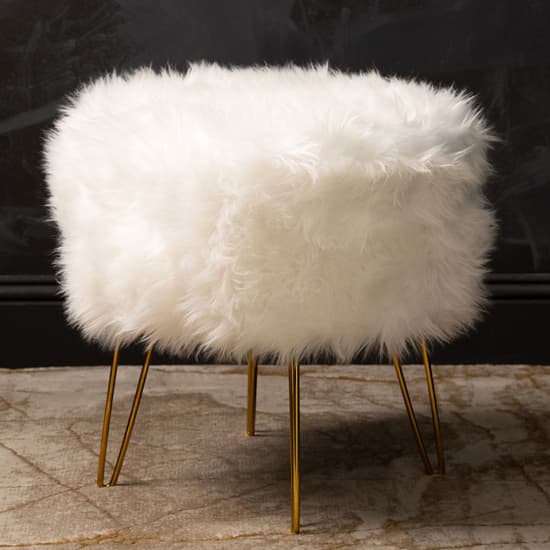 Biloxi Faux Fur Ottoman Stool In White With Gold Legs_1