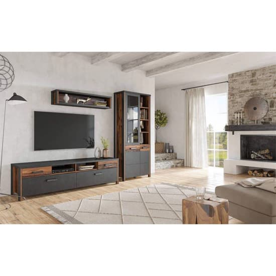 Blois Wooden Display Cabinet Tall 2 Doors In Matera Oak And LED_3