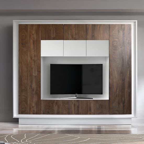 Borden Modern Entertainment Wall Unit In White And Cognac Oak