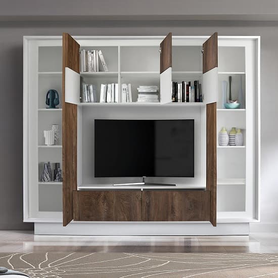 Borden Modern Entertainment Wall Unit In White And Cognac Oak