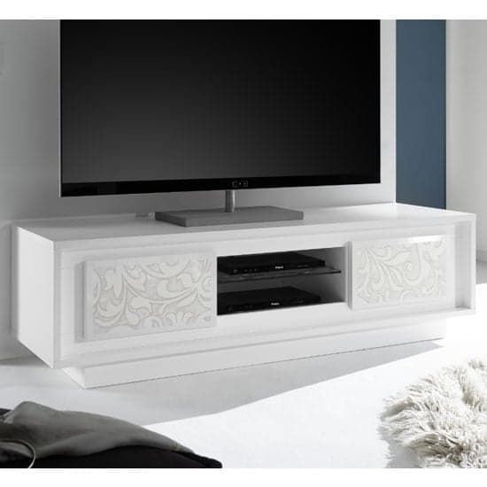 Borden Wooden 2 Doors TV Stand In White And Flowers Serigraphy