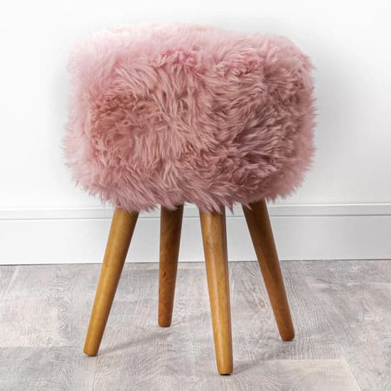 Bovril Sheepskin Stool In Blush Pink With Oak Wooden Legs