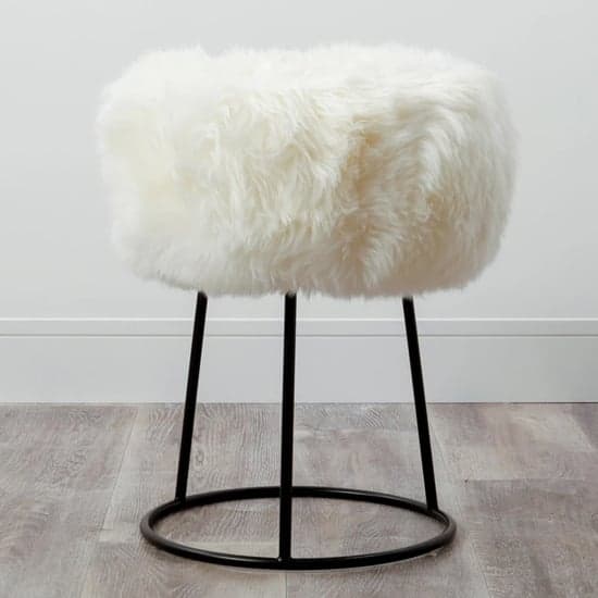 Bovril Sheepskin Stool With Black Metal Legs In Natural White_1