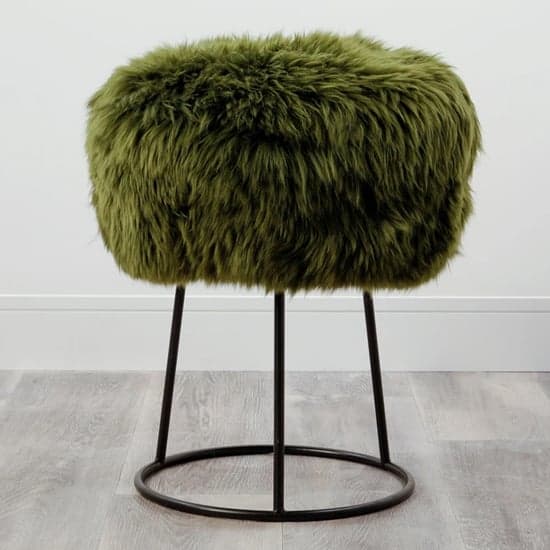 Bovril Sheepskin Stool With Black Metal Legs In Olive Green_1