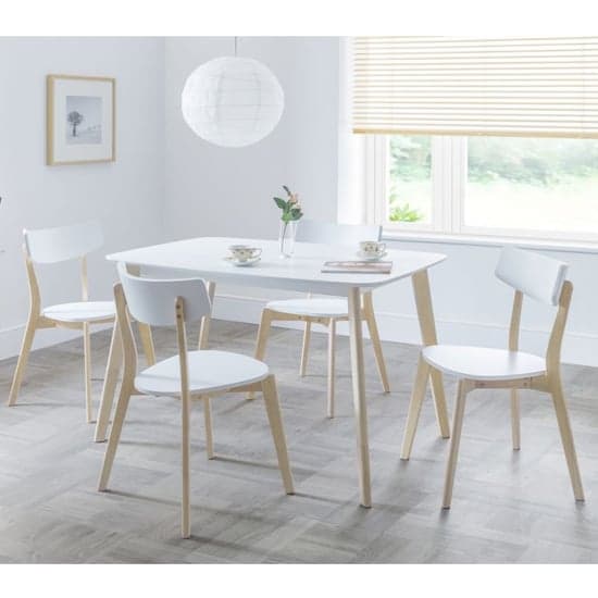 Calah Rectangular Wooden Dining Table In White With 4 Chairs