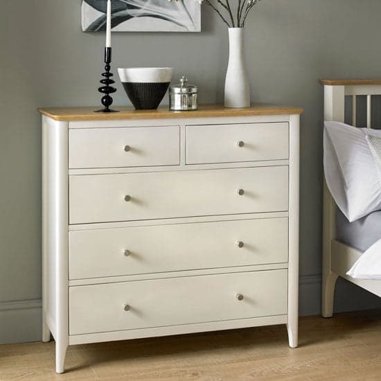 Brandy Wide Chest Of Drawers In Off White And Oak With 5 Drawers_1
