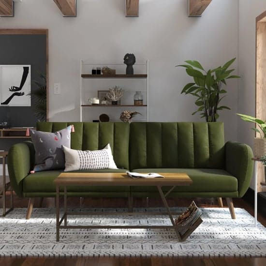Brittan Linen Sofa Bed With Wooden Legs In Green_2