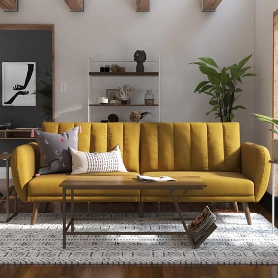 Brittan Linen Sofa Bed With Wooden Legs In Mustard_2