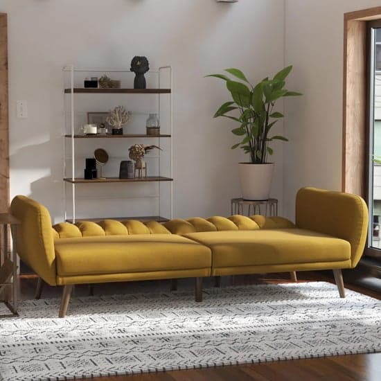 Brittan Linen Sofa Bed With Wooden Legs In Mustard_3