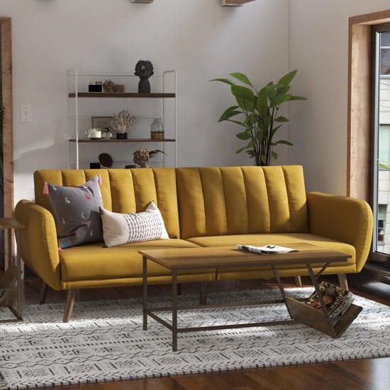 Brittan Linen Sofa Bed With Wooden Legs In Mustard_1