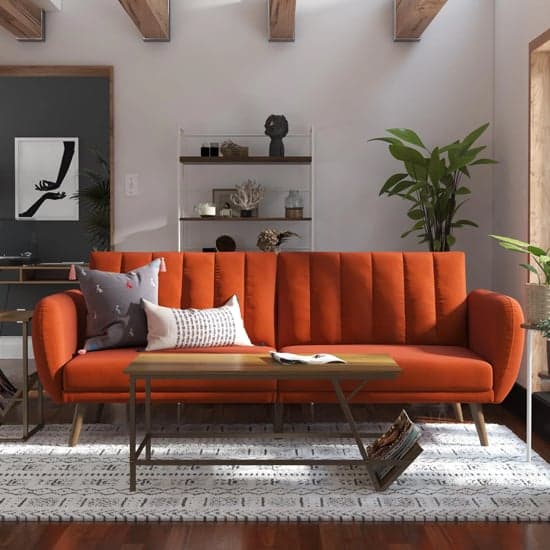 Brittan Linen Sofa Bed With Wooden Legs In Orange_2