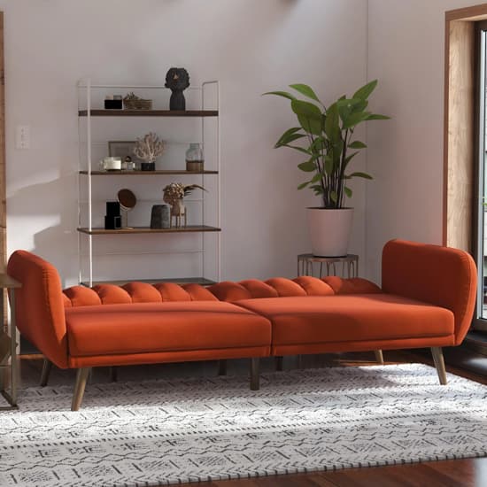 Brittan Linen Sofa Bed With Wooden Legs In Orange_3