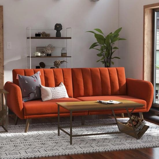 Brittan Linen Sofa Bed With Wooden Legs In Orange_1