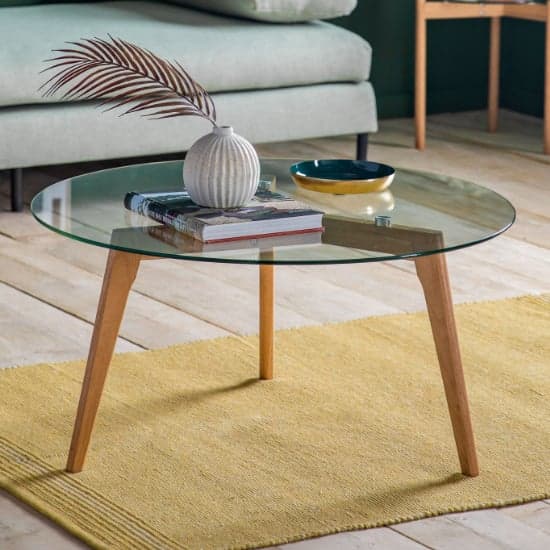 Brix Round Clear Glass Coffee Table With Natural Oak Base_1