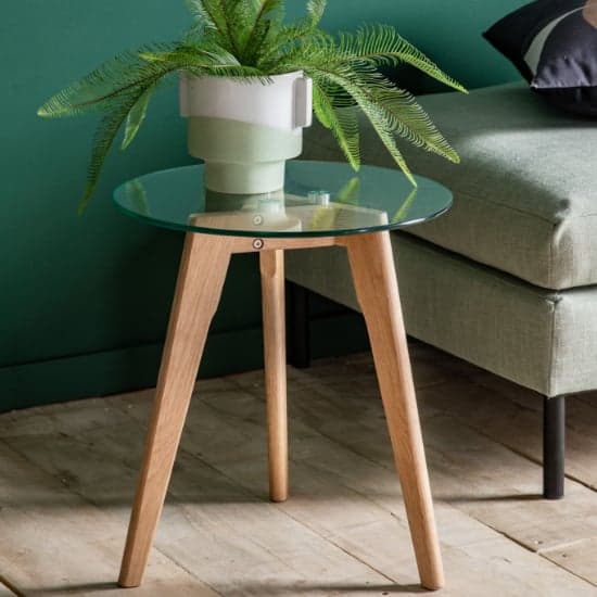 Brix Round Clear Glass Side Table With Natural Oak Base_1