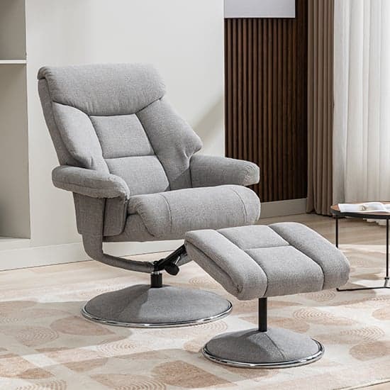 Brixton Fabric Swivel Recliner Chair And Stool In Silver_2