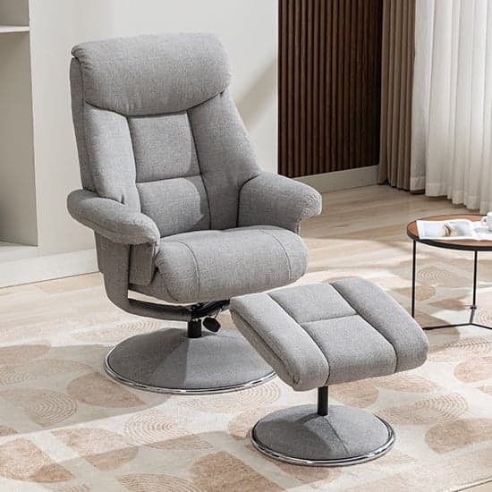 Brixton Fabric Swivel Recliner Chair And Stool In Silver_3