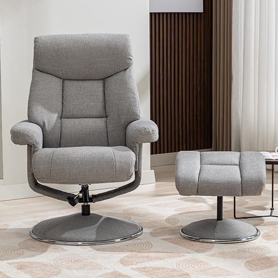 Brixton Fabric Swivel Recliner Chair And Stool In Silver_5
