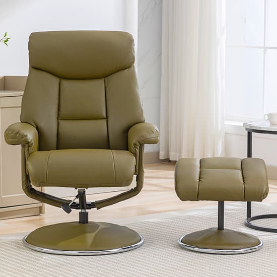 Brixton Plush Swivel Recliner Chair And Stool In Olive Green_5