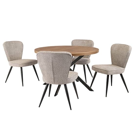 Cadott Wooden Dining Table Round With 4 Finn Grey Chairs_1