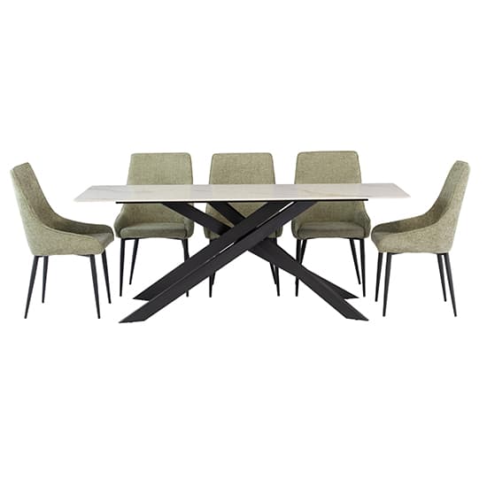 Caelan 200cm Kass Gold Marble Dining Table 6 Cajsa Olive Chairs_2