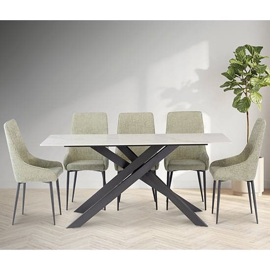 Caelan 200cm Kass Gold Marble Dining Table 6 Cajsa Olive Chairs_1