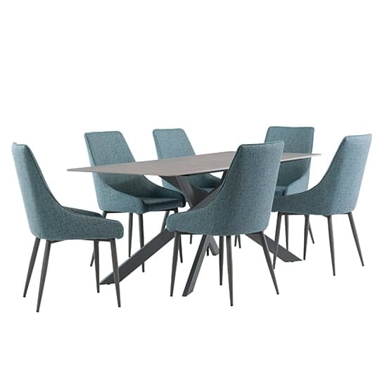Caelan 200cm Matt Grey Marble Dining Table 6 Remika Teal Chairs_2