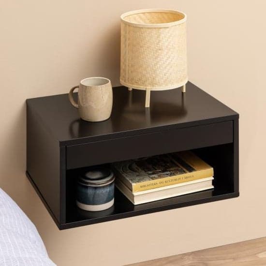 Cairns Wooden Bedside Cabinet Wall Hung 1 Drawer In Black_1