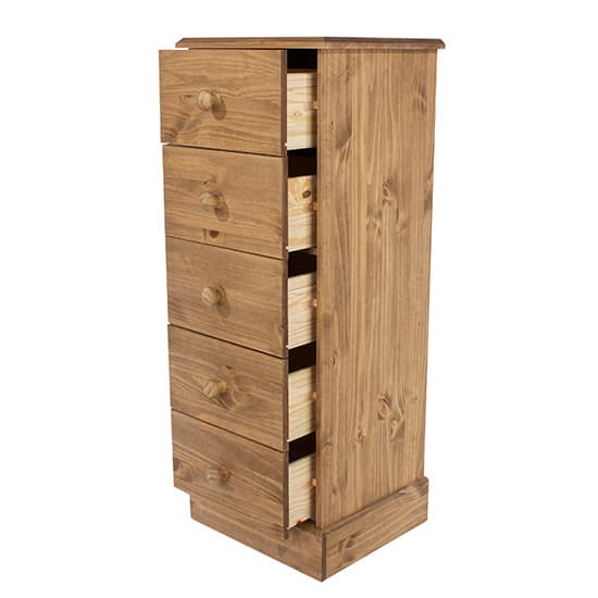 Calixto Narrow Wooden Chest Of 5 Drawers In Waxed Pine_4