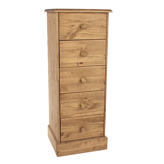 Calixto Narrow Wooden Chest Of 5 Drawers In Waxed Pine_1