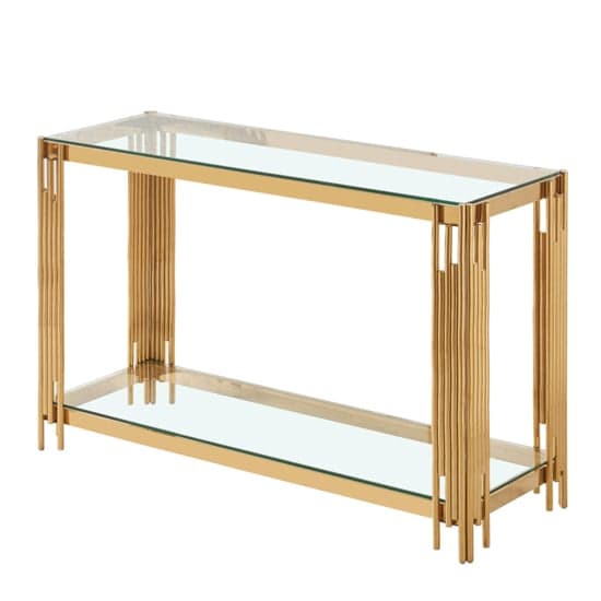 Calvi Clear Glass Console Table In Gold Stainless Steel Tubes_2