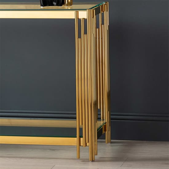Calvi Clear Glass Console Table In Gold Stainless Steel Tubes_4
