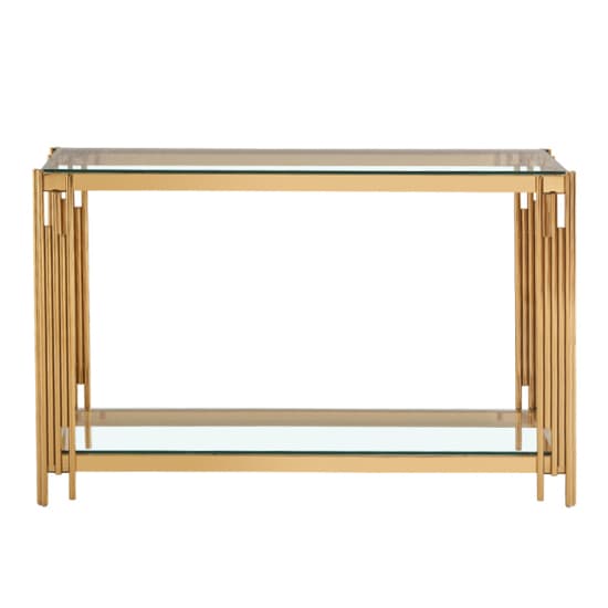 Calvi Clear Glass Console Table In Gold Stainless Steel Tubes_5
