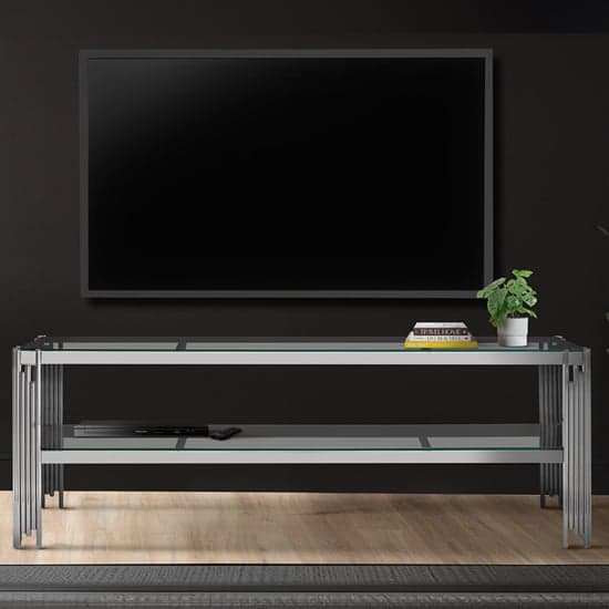 Calvi Clear Glass TV Stand With Undershelf In Chrome Steel Tubes_1