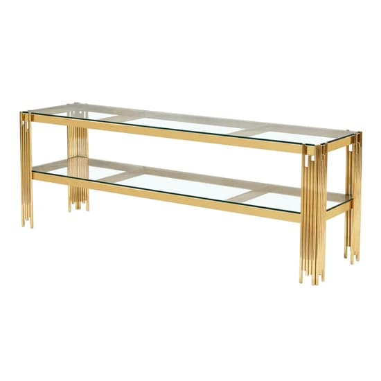 Calvi Clear Glass TV Stand With Undershelf In Gold Steel Tubes_2