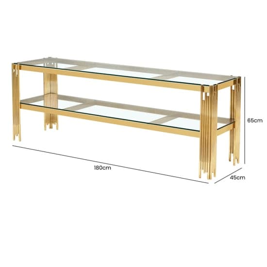 Calvi Clear Glass TV Stand With Undershelf In Gold Steel Tubes_3