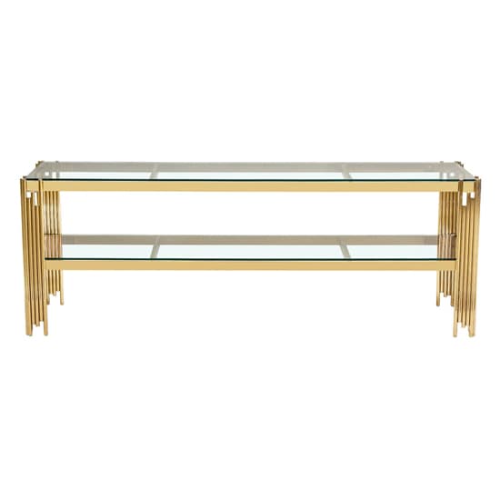 Calvi Clear Glass TV Stand With Undershelf In Gold Steel Tubes_4