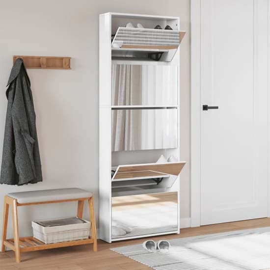 Calvi High Gloss Shoe Storage Cabinet 5 Mirror Layers In White_2
