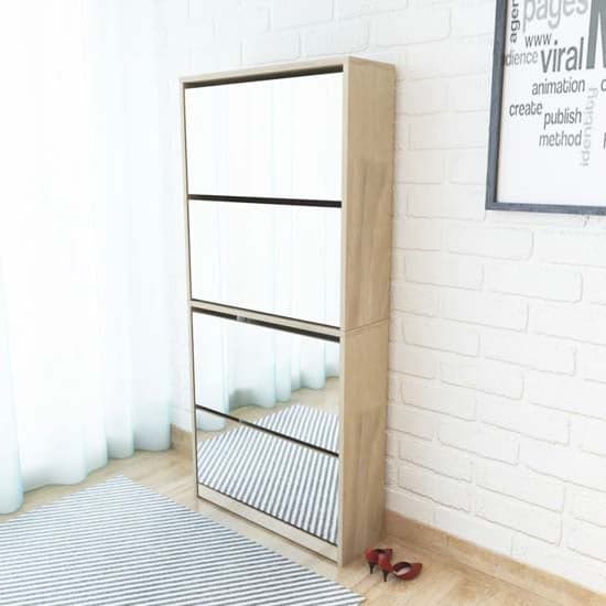 Calvi Wooden Shoe Storage Cabinet With 4 Mirror Layers In Oak_1
