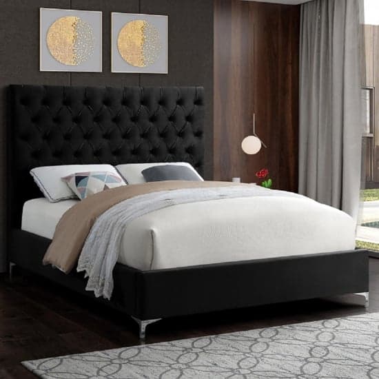 Campione Plush Velvet Upholstered Double Bed In Black_1