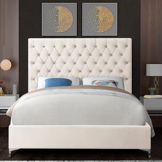 Campione Plush Velvet Upholstered Double Bed In Cream_2