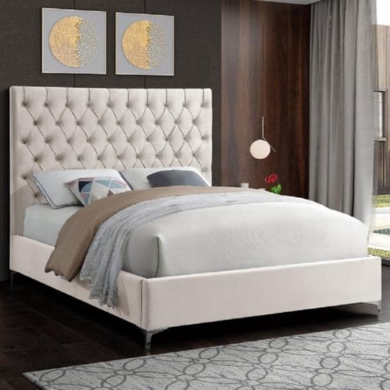 Campione Plush Velvet Upholstered Double Bed In Cream_1