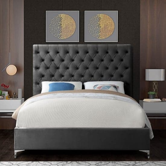 Campione Plush Velvet Upholstered Double Bed In Steel_2