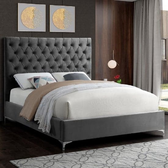 Campione Plush Velvet Upholstered Double Bed In Steel_1