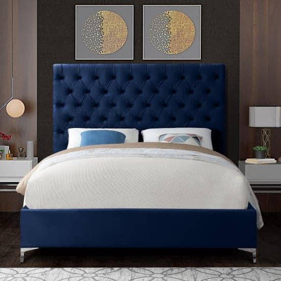 Campione Plush Velvet Upholstered Double Bed In Blue_2